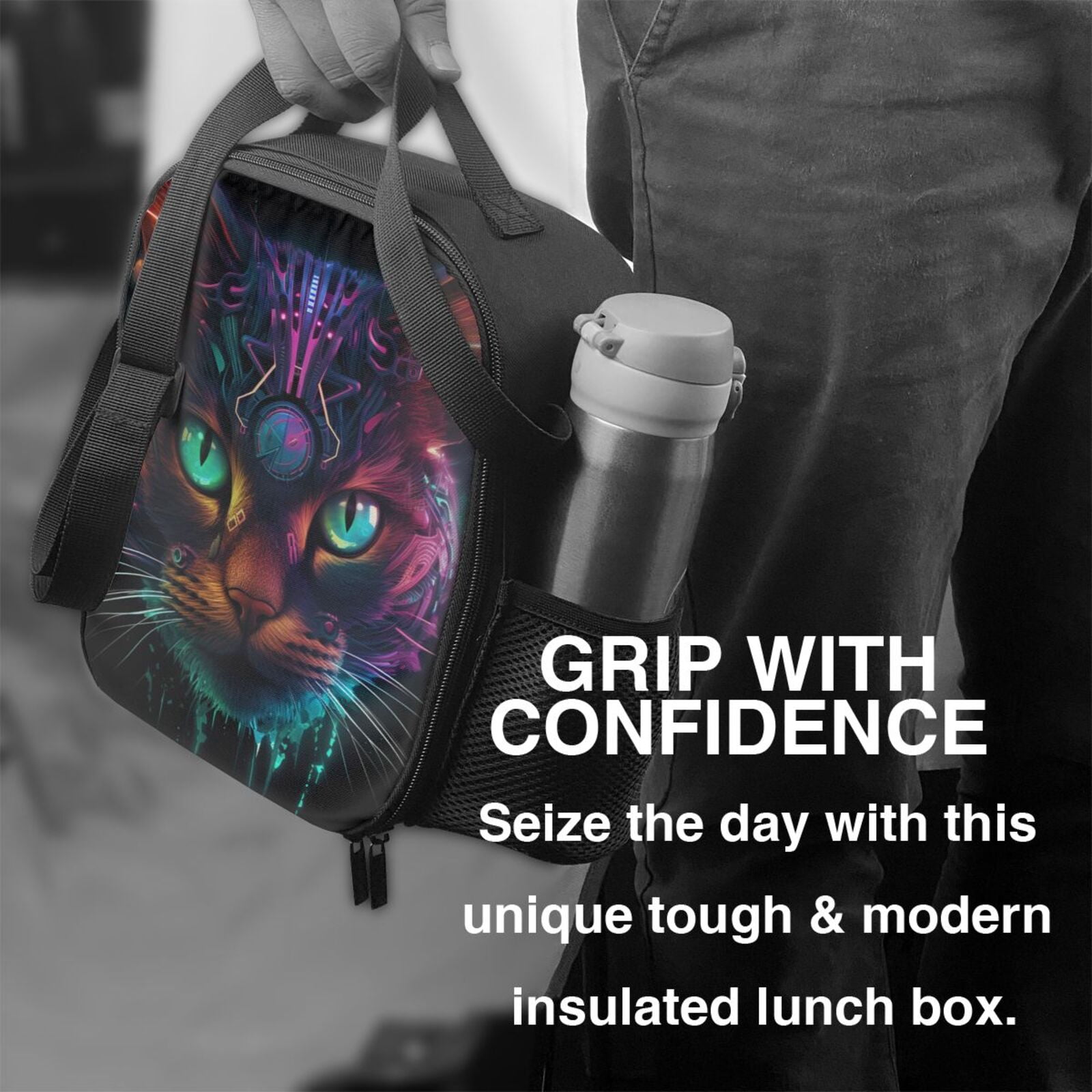 Ratiio Futuristic Cat Warrior Print Lunch Box - Reusable Lunch Bag Men Adult Women- Insulated LunchBox