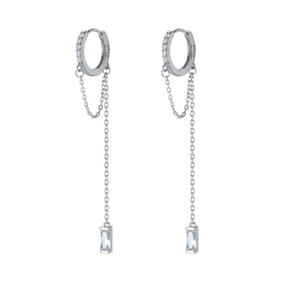 CZ Small Hoop Earrings Sterling Silver Crystal Threader Tassel Dangle Earrings for Women