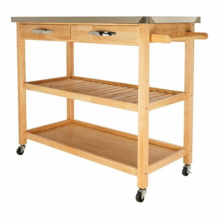 Fch 4 Wheeled Wood Moveable Kitchen Cart Dining Trolley W Stainless Steel Countertop Drawers 2 Layer Shelves