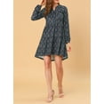thumbnail image 6 of MODA NOVA Juniors V Neck Long Sleeves Cinched Waist Half Placket Floral Dress Navy Blue-Purple L, 6 of 7