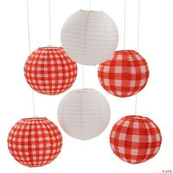 Red Gingham Hanging Paper Lanterns, Party, Party Decor, 6 Pieces