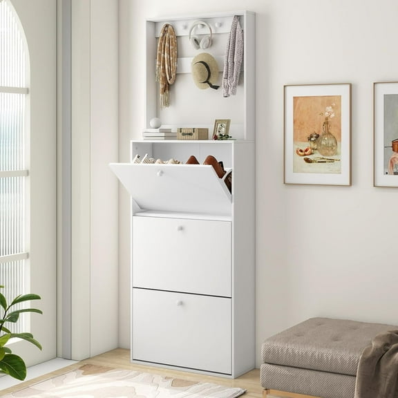 Shoe Storage Cabinet with 3 Flip Drawers, Narrow Shoe Cabinet with 9 Hooks Coat Rack, Freestanding Slim Shoe Storage Organizer for Entryway, Hallway, Entrance, Bedroom, Living Room, White