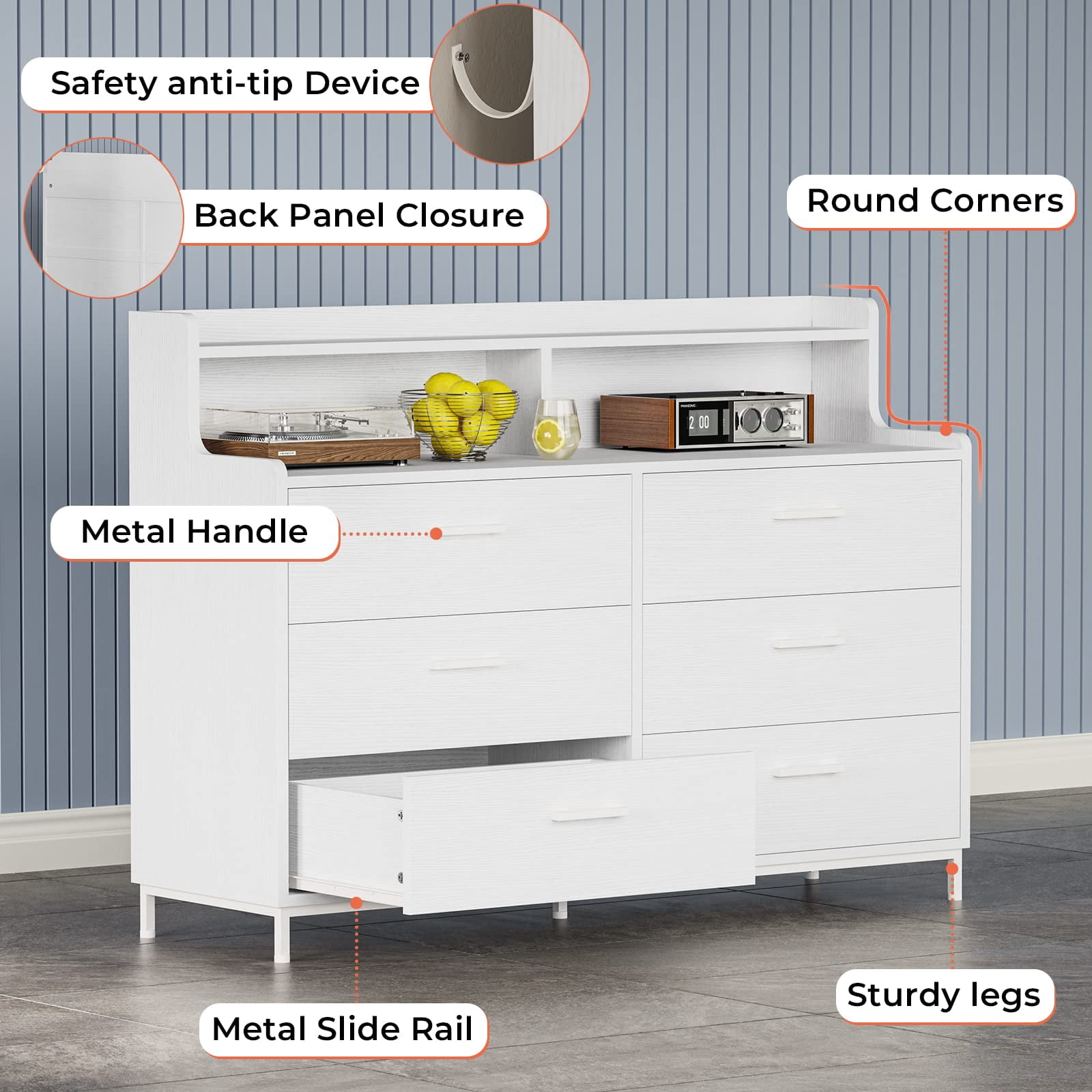 6 Drawers Double Dresser with Shelves for Bedroom, Modern Chest of Drawers Storage Tower Organizer for Living Room Entryway, White