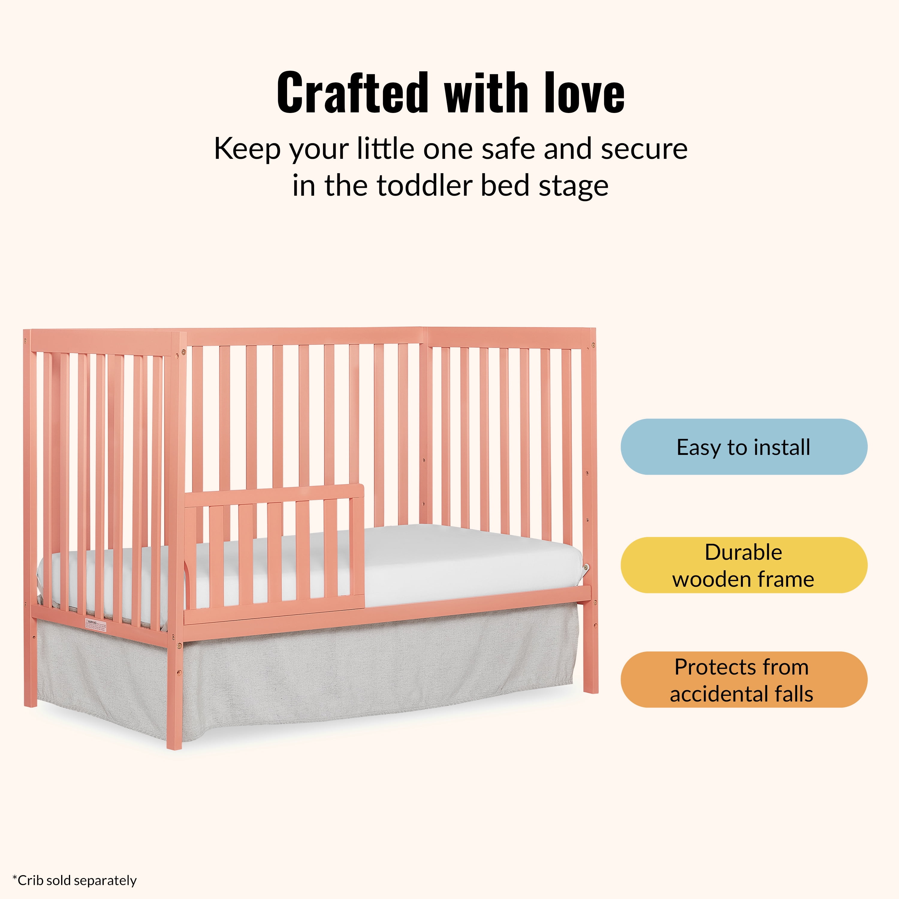 Dream On Me Convertible Crib Toddler Guard Rail in Fusion Coral, Converts Cribs to Toddler Beds