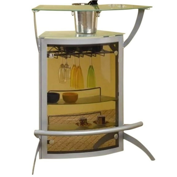 Bowery Hill Contemporary Metal Glass Top Home Bar Unit in Silver