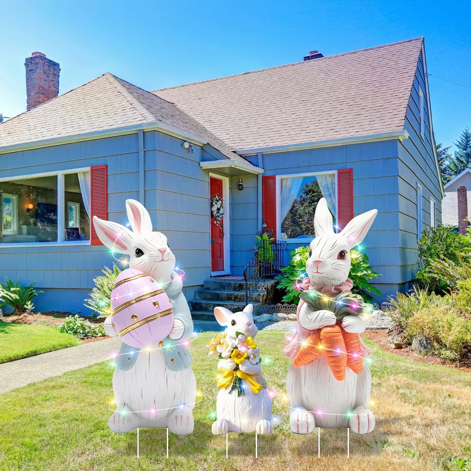 YIBAGA Easter Bunny Yard Signs Extra Large Easter Outdoor Decorations with Stakes with LED Lights 3pcs