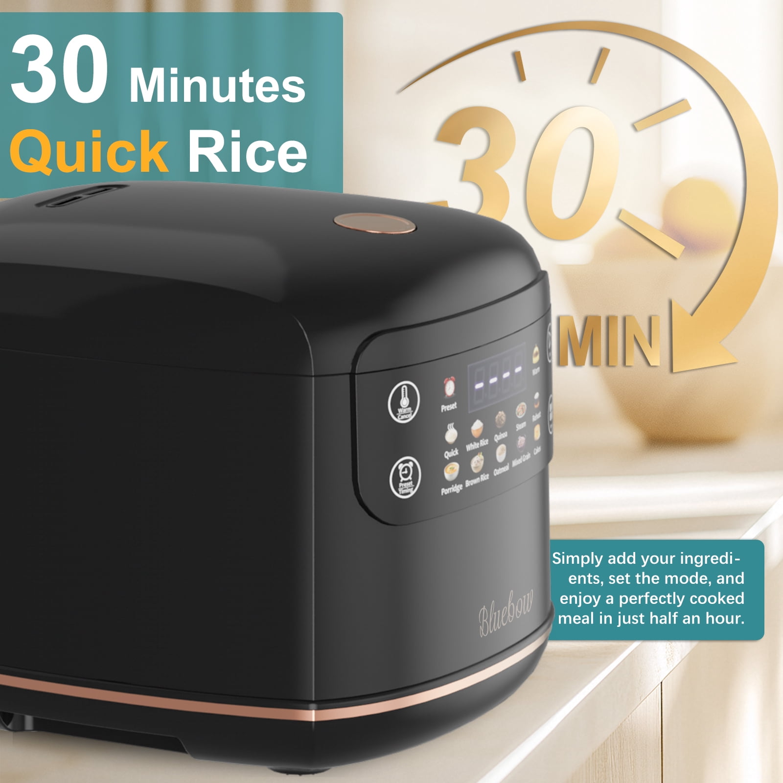 Bluebow Digital Rice Cooker, 6-Cup/2.1QT Small Rice Maker, 10 Presets, 24-Hour Delay Timer & Keep Warm, Non-Stick Inner Pot, Black