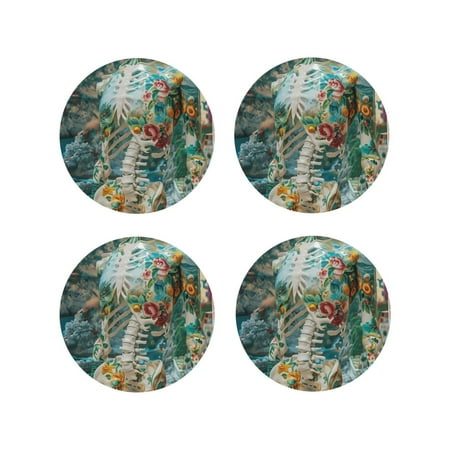 

Fuzoiu Vintage Print Island Skull Print Leather Coasters Set Drink Coasters Set of 4 for Tabletop Protection Durable PVC Coasters Home Décor and Housewarming Gift-Round Shape