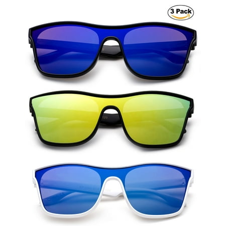 Newbee Fashion 3 Pack- Kids Shield Sunglasses Boys Sunglasses Cool & Fashion Look One Piece Lens with Flash Mirror Lens Sunglasses for Boys UV Protection Lead Free