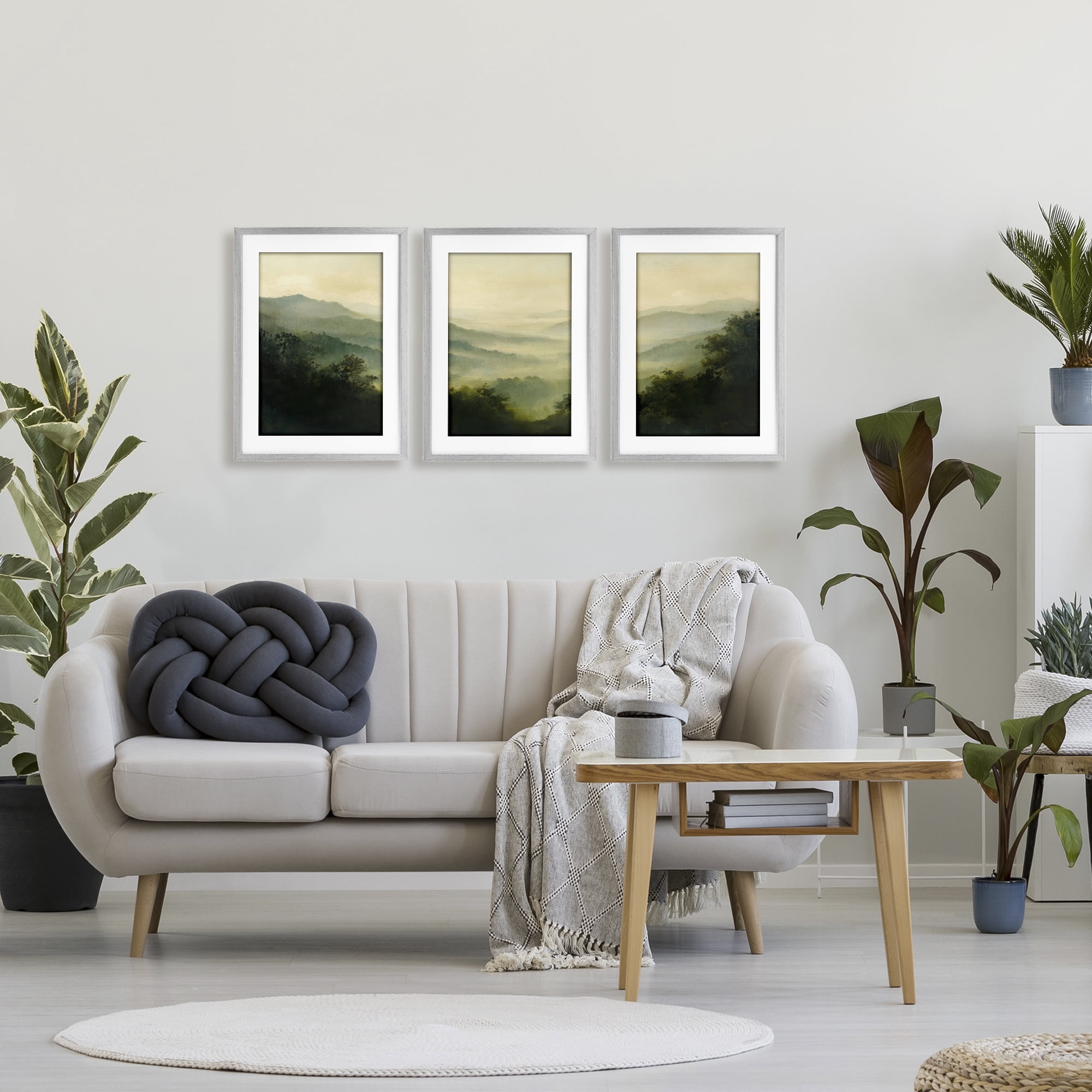 Stupell Industries Through The Haze Mountain Panorama 3 Piece Gray Framed Print Under Glass Set, design by Petal Prints Design