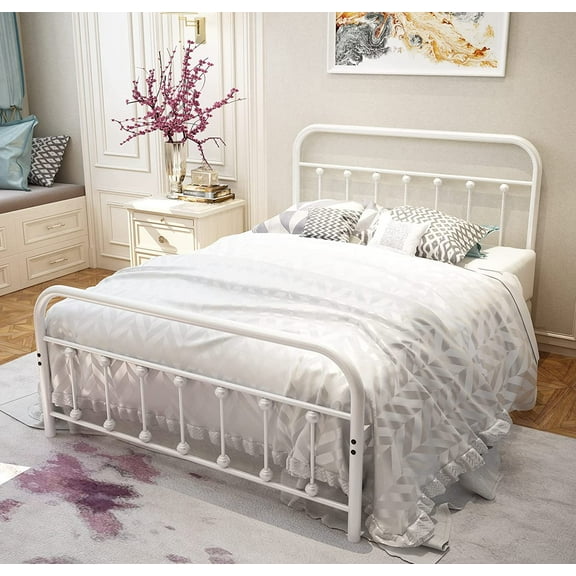 CF White Metal Bed Frame Full Size with Headboard and Footboard Single Platform Mattress Base,Metal Tube and Iron-Art Bed (Full, White)