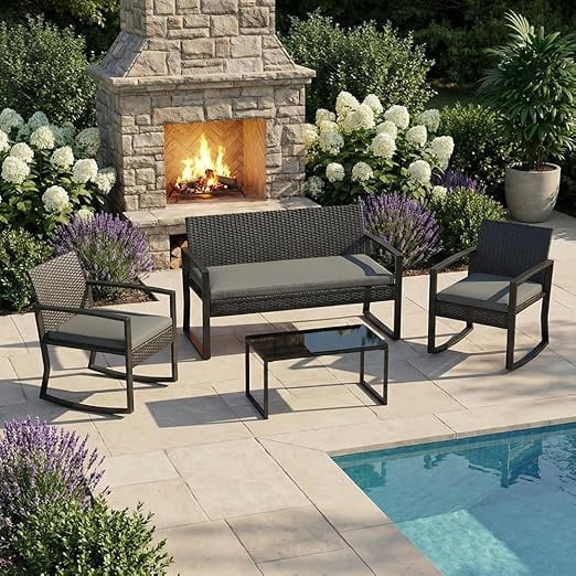 YUSAZENS 4-Piece PE Rattan Patio Set, Outdoor Rocking Chair & Coffee Table – All-Weather Conversation Set for Porch, Patio & Backyard (Black/Gray)