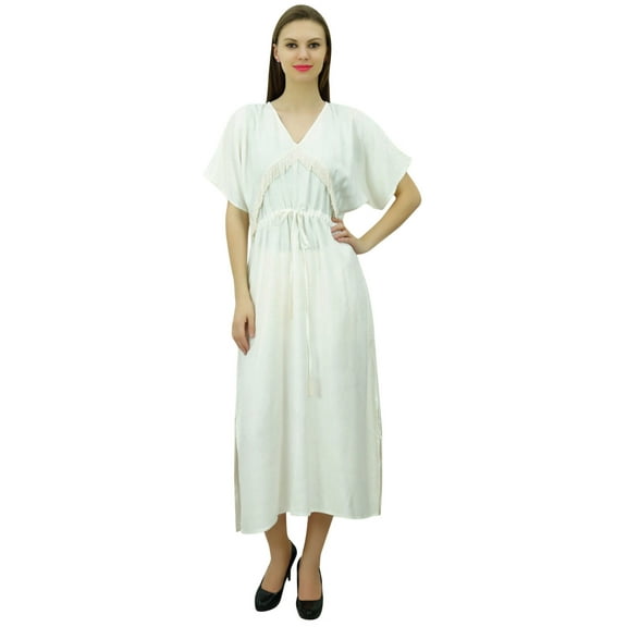 Bimba Rayon Solid Pattern Caftan Maxi Dress Women's Night Gown Kimono Dress
