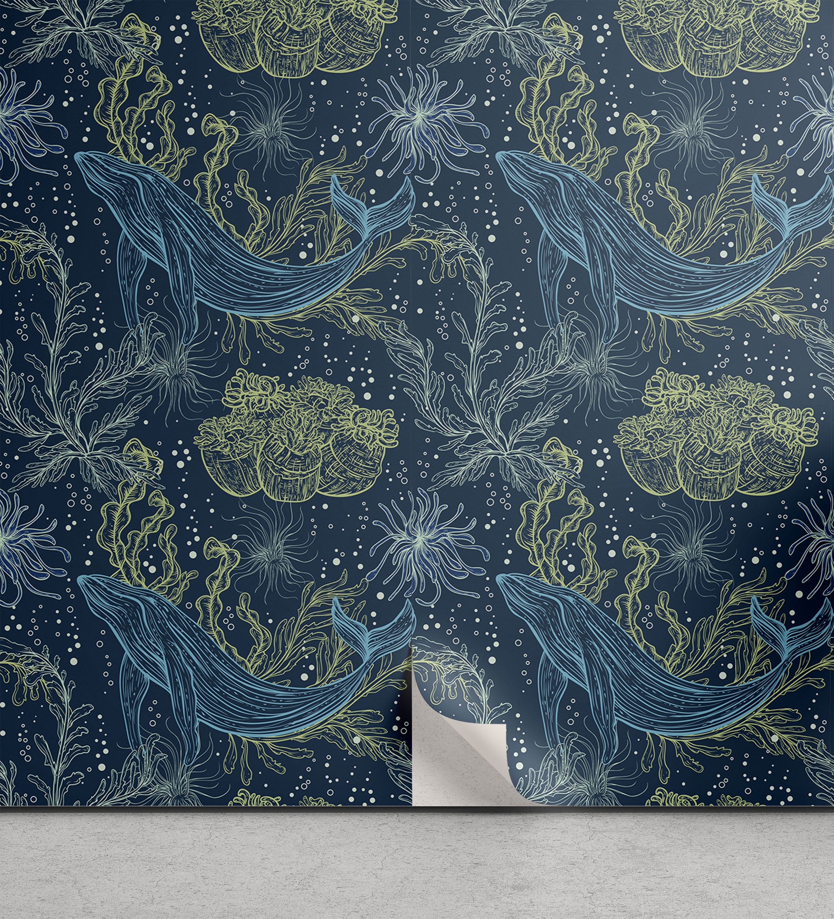 Whale Peel & Stick Wallpaper, Hand Drawn Marine Fauna and Flora Sketch