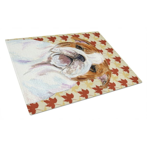 Carolines Treasures SS4372LCB Bulldog English Fall Leaves Portrait Glass Cutting Board Large, 12H x 16W, multicolor