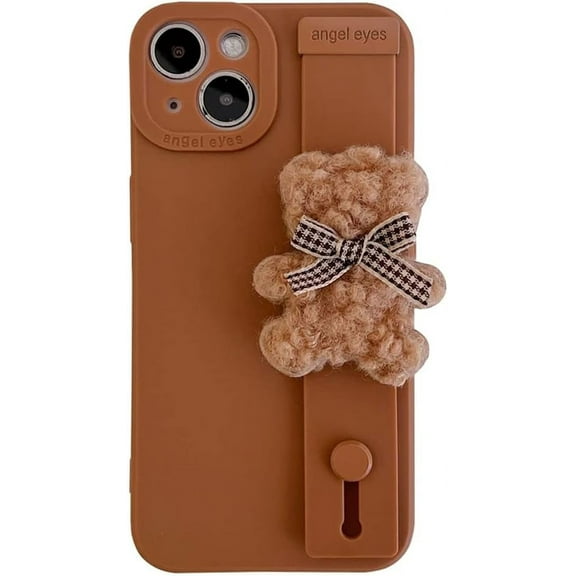 Compatible with iPhone Case,Cute Kawaii Cartoon Fluffy Furry Bear Wristband Strap Bracelet Chain Camera Lens Protection Shockproof Cover Phone Case (Brown,iPhone 13 Pro)