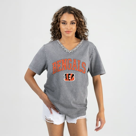 Women's Gameday Couture Gray Cincinnati Bengals Relaxed Iconic Edge Rhinestone V-Neck T-Shirt
