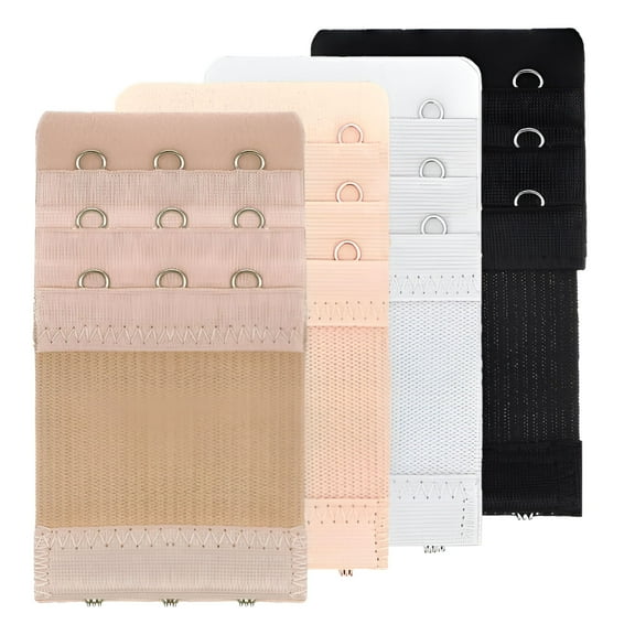 OQRKI 4 Pcs Women's Bra Extenders 3 Hooks 3 Rows, Elastic Bra Extenders, Soft Stretchy Back Bra Extension Strap, Adjustable Bra Extender (Black, White, Nude, Beige)