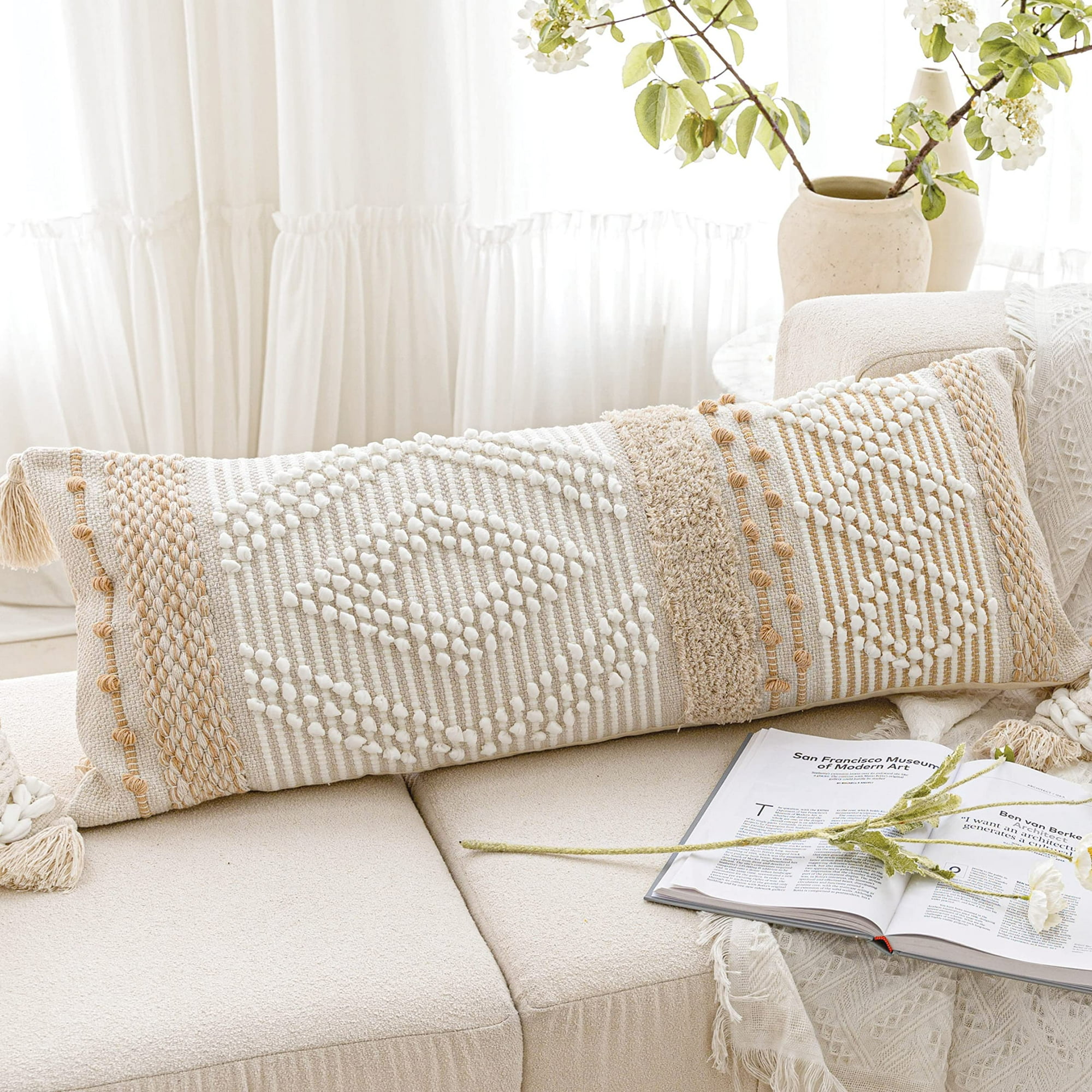 BlissBlush Cream White Decorative Lumbar Pillow Cover 14X36 Boho Long Lumbar Pillow for Bed Neutral Textured Body Pillow Cover Bohemian Woven Lumbar Pillow for Couch Cover ONLY 14X36 IN Walmart