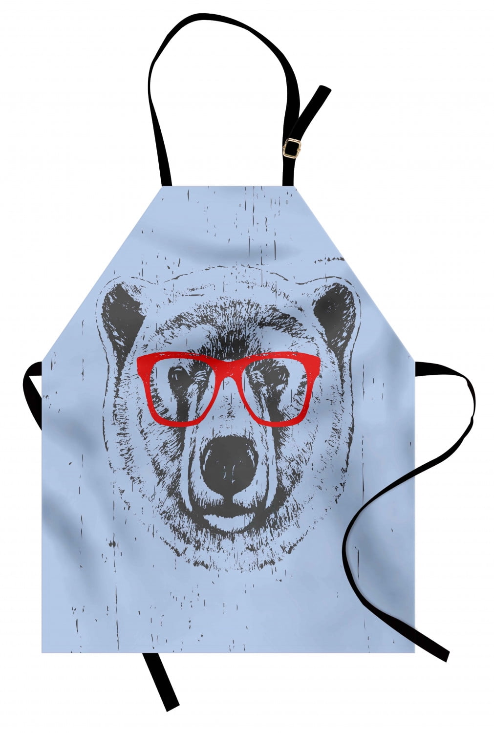 Hipster Apron, Whimsical Grunge Portrait of a Polar Bear with Glasses, Unisex Kitchen Bib with Adjustable Neck for Cooking Gardening, Adult Size, Ceil Blue Vermilion, by Ambesonne