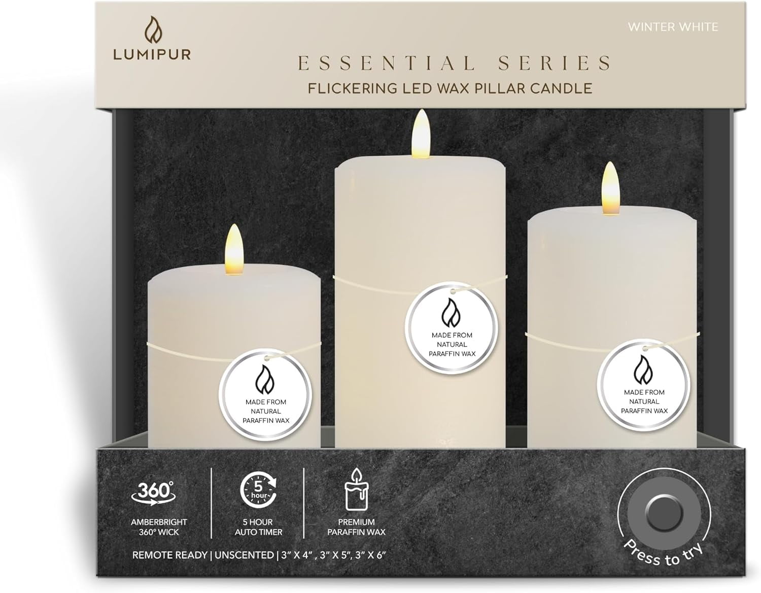 LumiPur Flameless Candles, Flickering LED Battery Operated Wax Pillar Candle, Winter White, 3-Pack