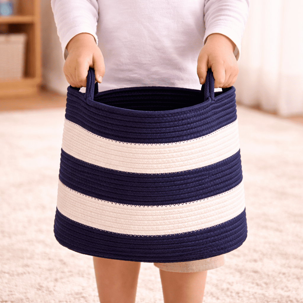 Medium Cotton Rope Baskets with Handles Woven Baskets Rope Bins 12.2x11.8" Laundry Hamper Nursery Baskets , Navy Blue and White