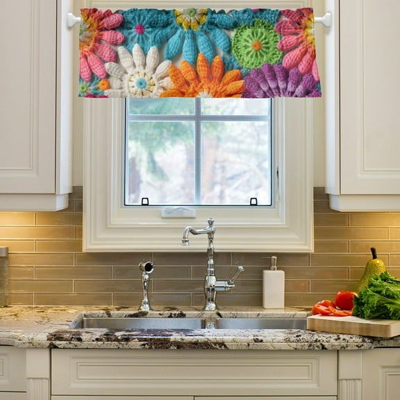 Knit Flowers Curtain Valances Farmhouse Design Window Treatment Decor Blackout Rod Pocket for Windows Living Room Kitchen 54" x 18"