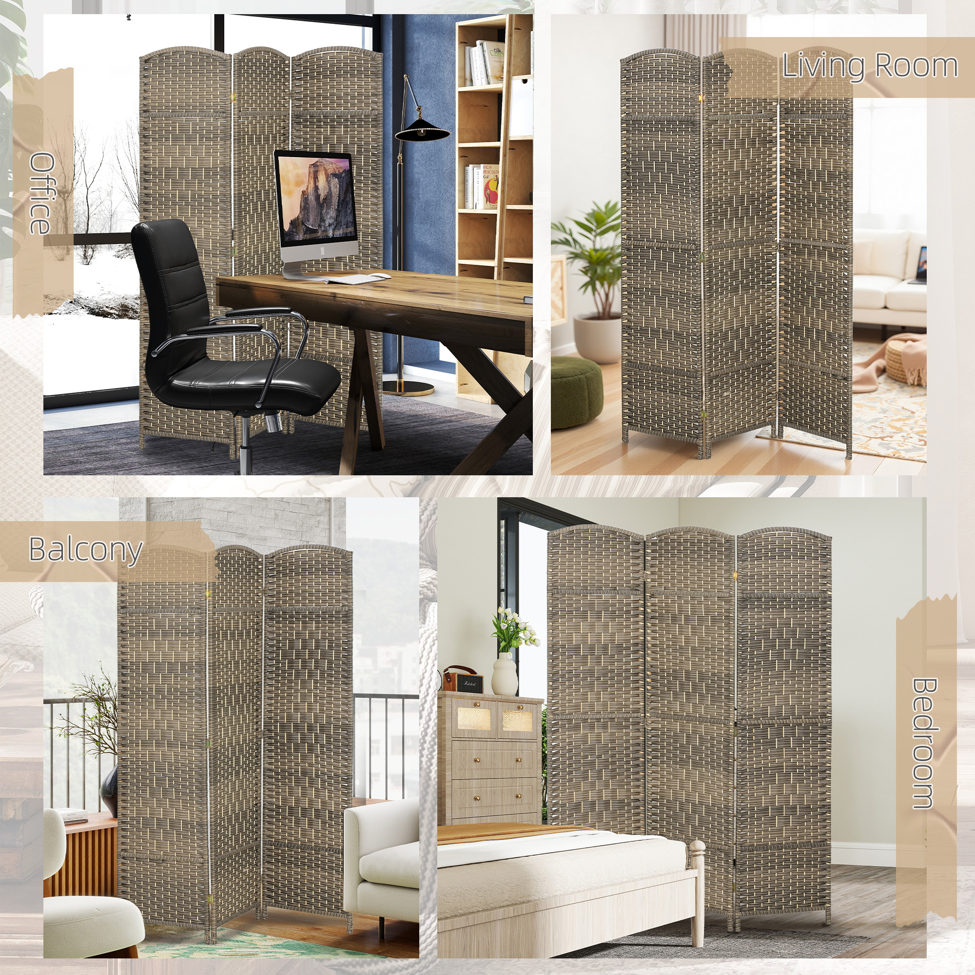 HOMCOM 3 Panel Room Divider, 6' Tall Folding Privacy Screen, Hand-Woven Freestanding Wood Partition for Home Office, Bedroom, Dark Rustic Oak