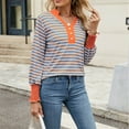 thumbnail image 4 of Long Sleeve Tshirt for Women Smocked Cuffs Striped Shirt Button V Neck Casual High Low Tops Pullover Loose Blouses, Orange, XXL, 4 of 7