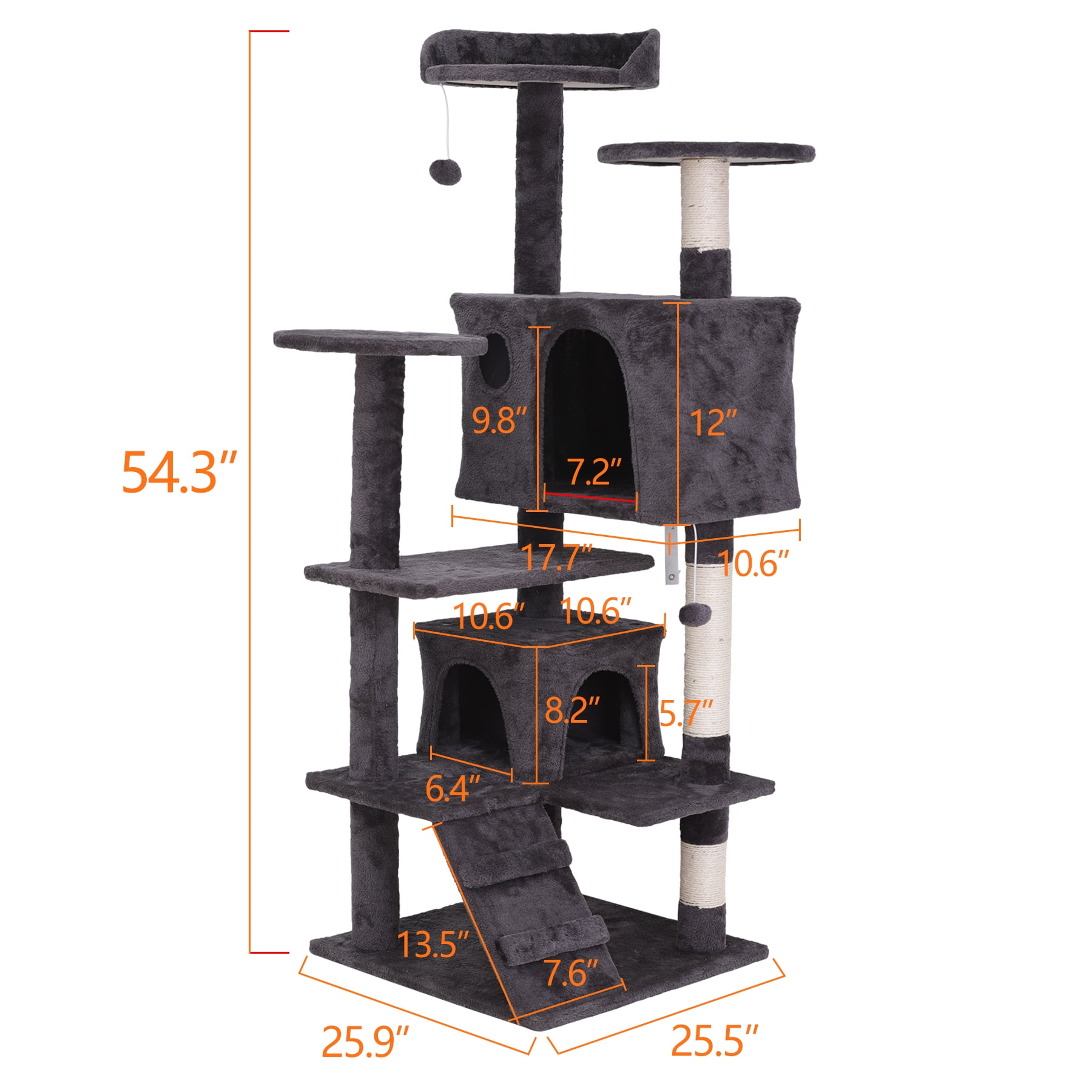 ZENY 55" Multi-Level Cat Tree Condo Furniture with Sisal-Covered Scratching Posts, 2 Plush Condos