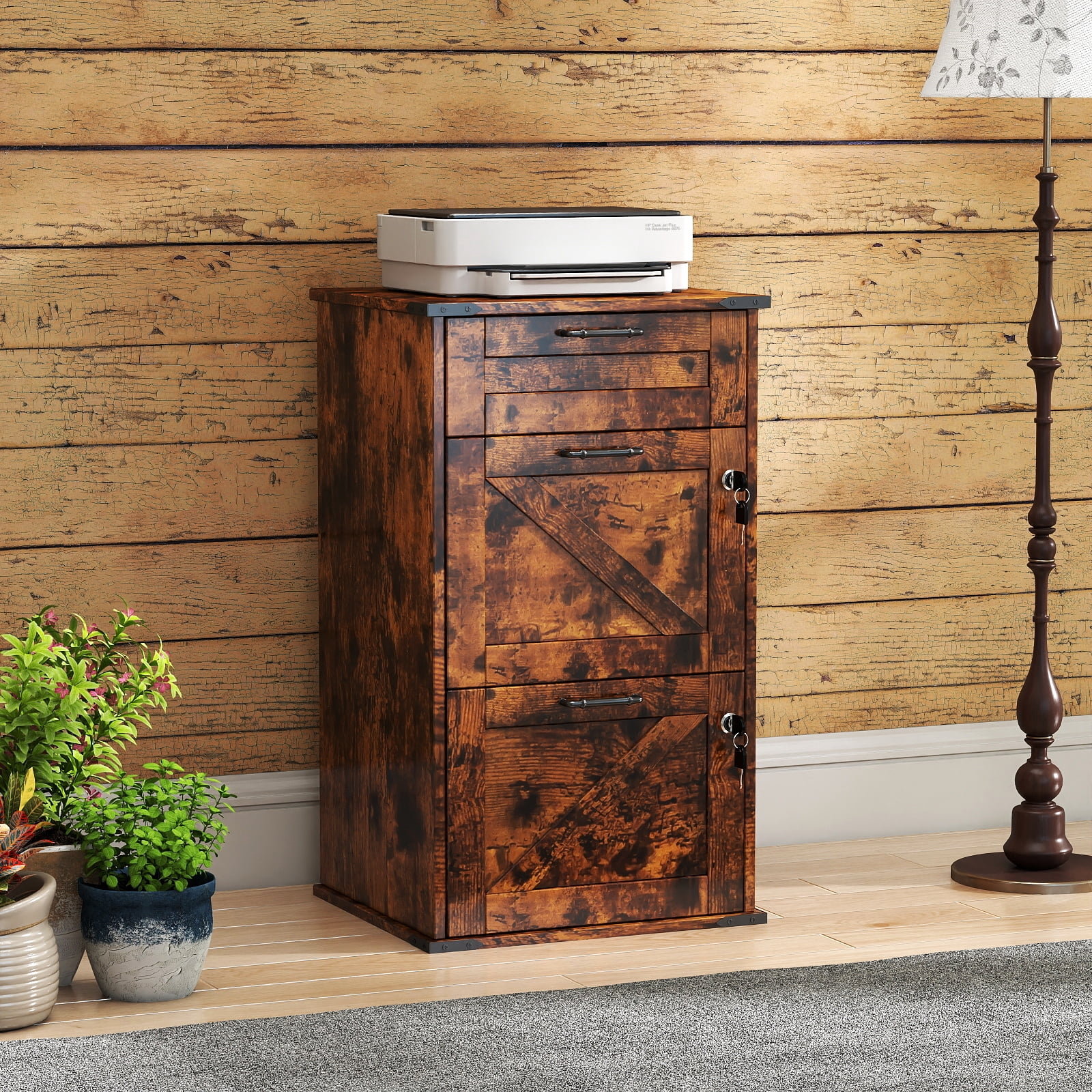 UBesGoo Farmhouse File Cabinet with 3-Drawer Wood Vertical File Storage Cabinet with Individual Lock and Rustic Metal Handles, Brown