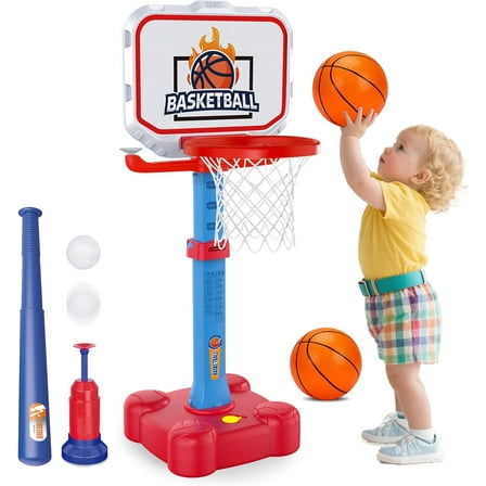 4 in 1 Kids Basketball Hoop & T Ball Set Indoor Outdoor Toys for Toddlers 1-3 Adjustable Toddler Pool Basketball Hoop Goal Sports Outside Play Toys for 1 2 Year Old Boys Girls Birthday Gifts