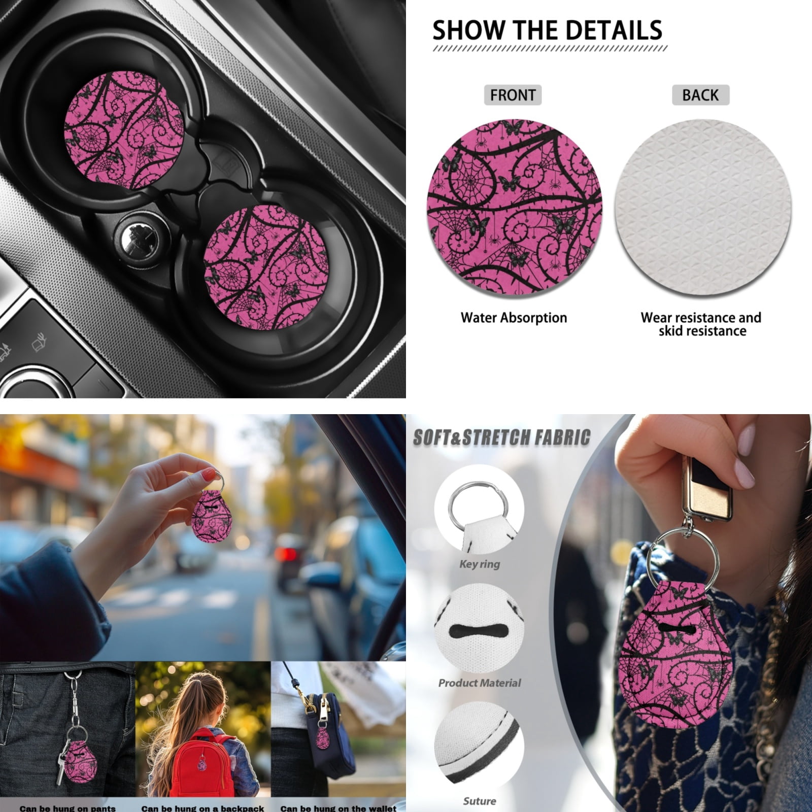 Yuyamidu Pink Gothic Auto Seat Cover Full Set 13 PCS Car Accessories Set Butterfly Steering Wheel Cover Armrest Cover Seatbelt Shoulder Pad Cup Mat Lip Gloss Holder Key Ring