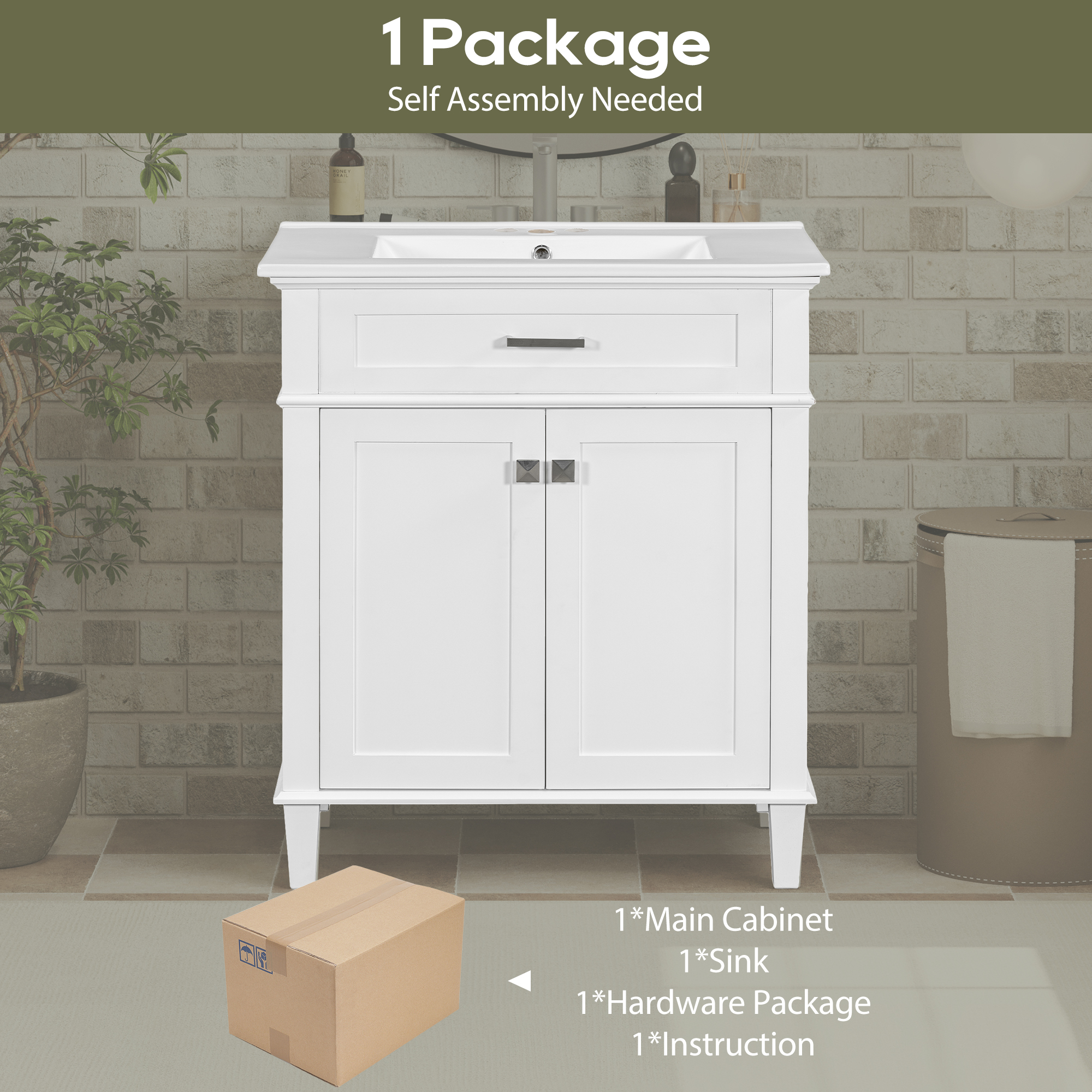 Euroco 30-inch bathroom vanity with ceramic basin, soft close door and adjustable shelves