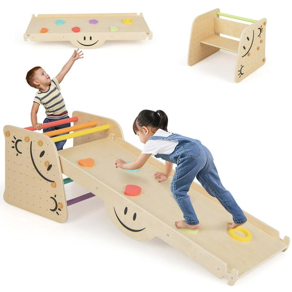 Costway Wooden Climbing Toy Triangle Climber Set of 2 with Seesaw Dual-sided Ramp Indoor Colorful