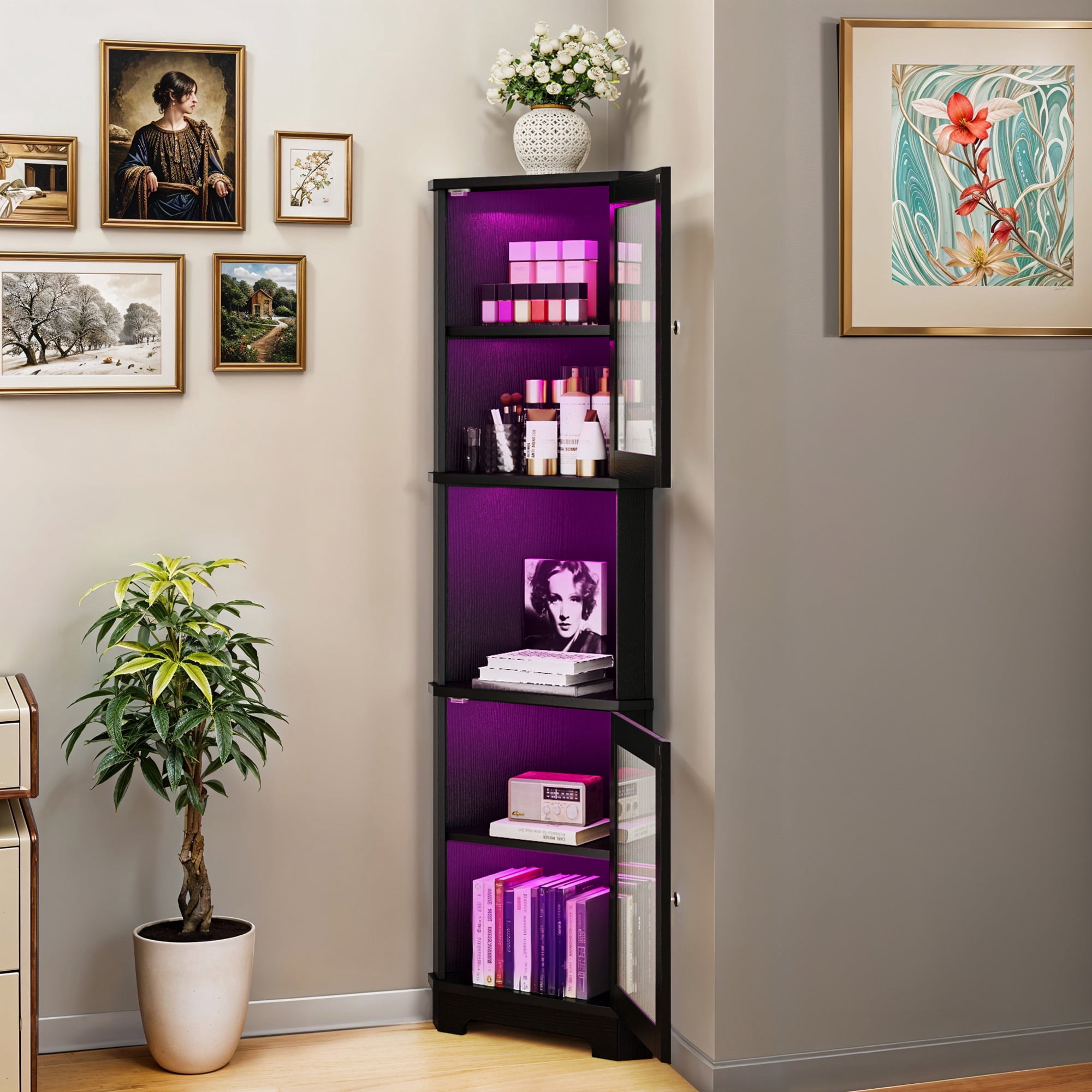 Uforic 67"Tall Corner Storage Cabinet with Door & LED Light, 5 Tier Corner Bookcase Cabinet, Black