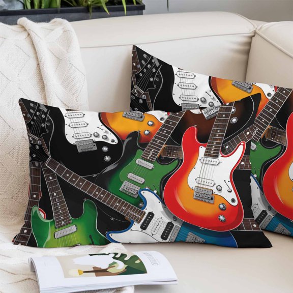 Guitar Pillow Covers 20x26 Inch Standard Size, Cartoon Modern Colorful Guitars Decorative Pillowcase with Zipper, Microfiber Pillow Protector, Breathable Pillowcases for Sofa Bed Living Room