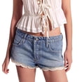 thumbnail image 3 of Womens Low Waisted Jean Shorts Lace-Paneled Denim Shorts Stretchy Summer Short Pants Blue S, 3 of 6
