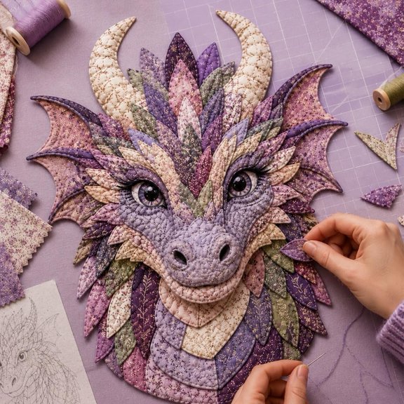 Dragon Patchwork DIY Kit, Pre-Cut Fabric Set with Pattern | Ideal for Beginners, Create Mythical Creature, Fantasy Anima Handmade Gift for Adults, Halloween, Christmas