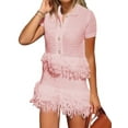 thumbnail image 3 of Women'S Open Knit Short Sleeve Top with Fringe Pink S, 3 of 7