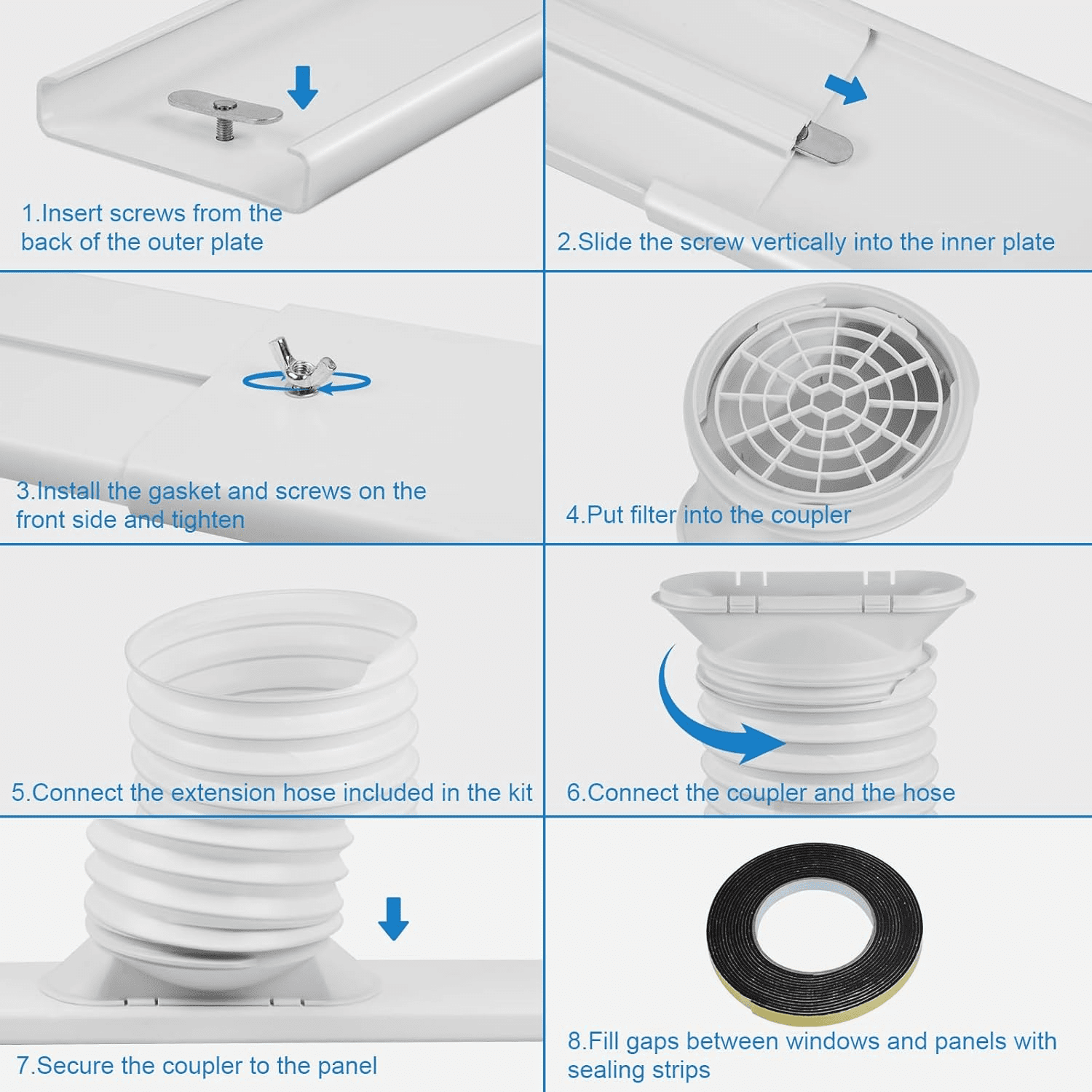 Ninonly Portable Air Conditioner Window Vent Kit with 5.9" Exhaust Hose, Portable AC Seal Kit for Sliding Window with 4 Plates, Universal Coupler Fits 5.9 & 5.1 Inch Diameter Exhaust Hose