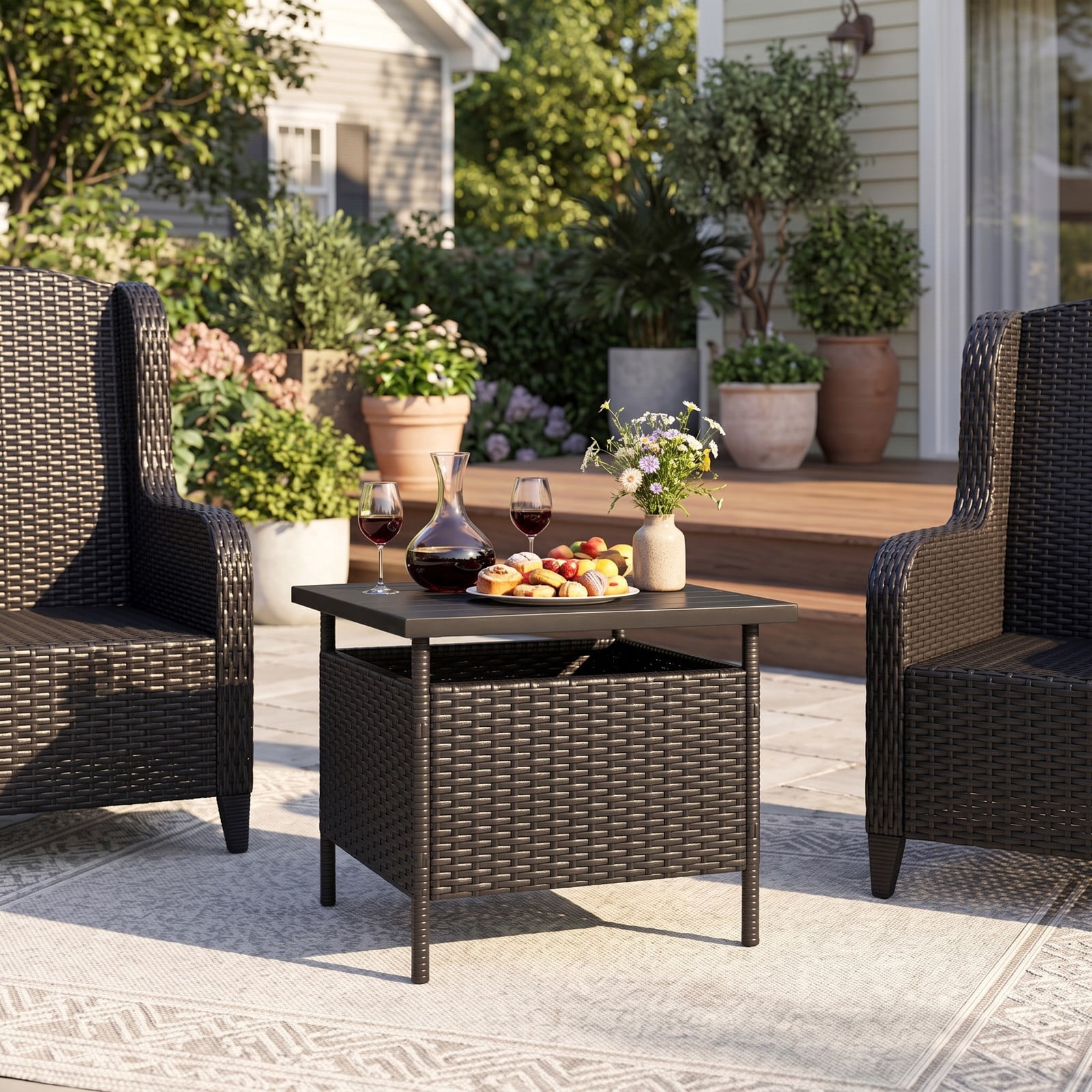 Furnibear Patio Square Wicker Side Table with Umbrella Hole, PE Rattan Outdoor End Table, Faux Wood Top Metal Frame Coffee Table for Garden Yard Backyard, Black
