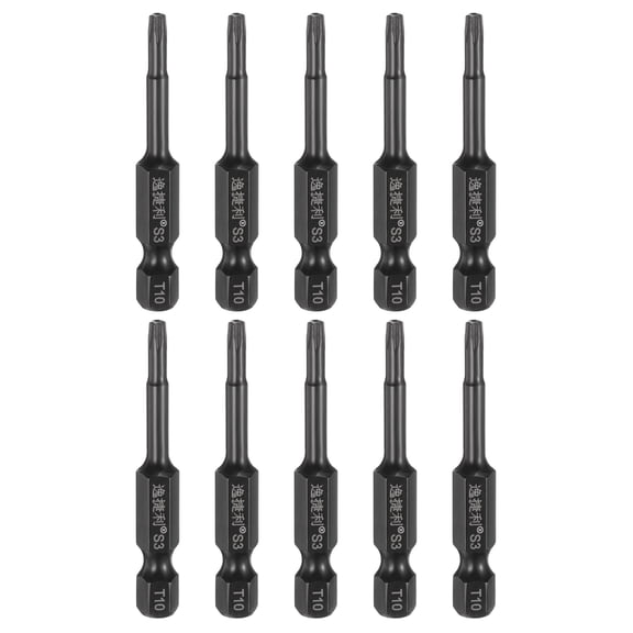 Uxcell 10pcs T10 Torx Screwdriver Bit 1/4" Hex Shank 50mm/2" Length S3 Steel Magnetic Tamper Proof Star 6 Point Head Hex Screw Driver Bits, Black