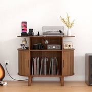 Small Record Player Stand, Mid-Century Record Player Table with Power Outlet, Vinyl Record Storage Shelf for Living Room (Walnut)