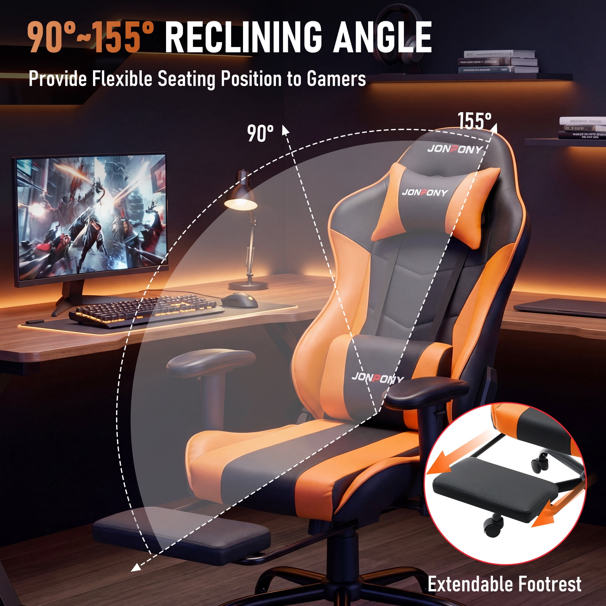 JONPONY Big and Tall 500LBS Gaming Chair with Footrest and Lumbar Support, High Back Ergonomic Recliner,Height Adjustable Leather Computer Desk Chair for Home Office, Orange