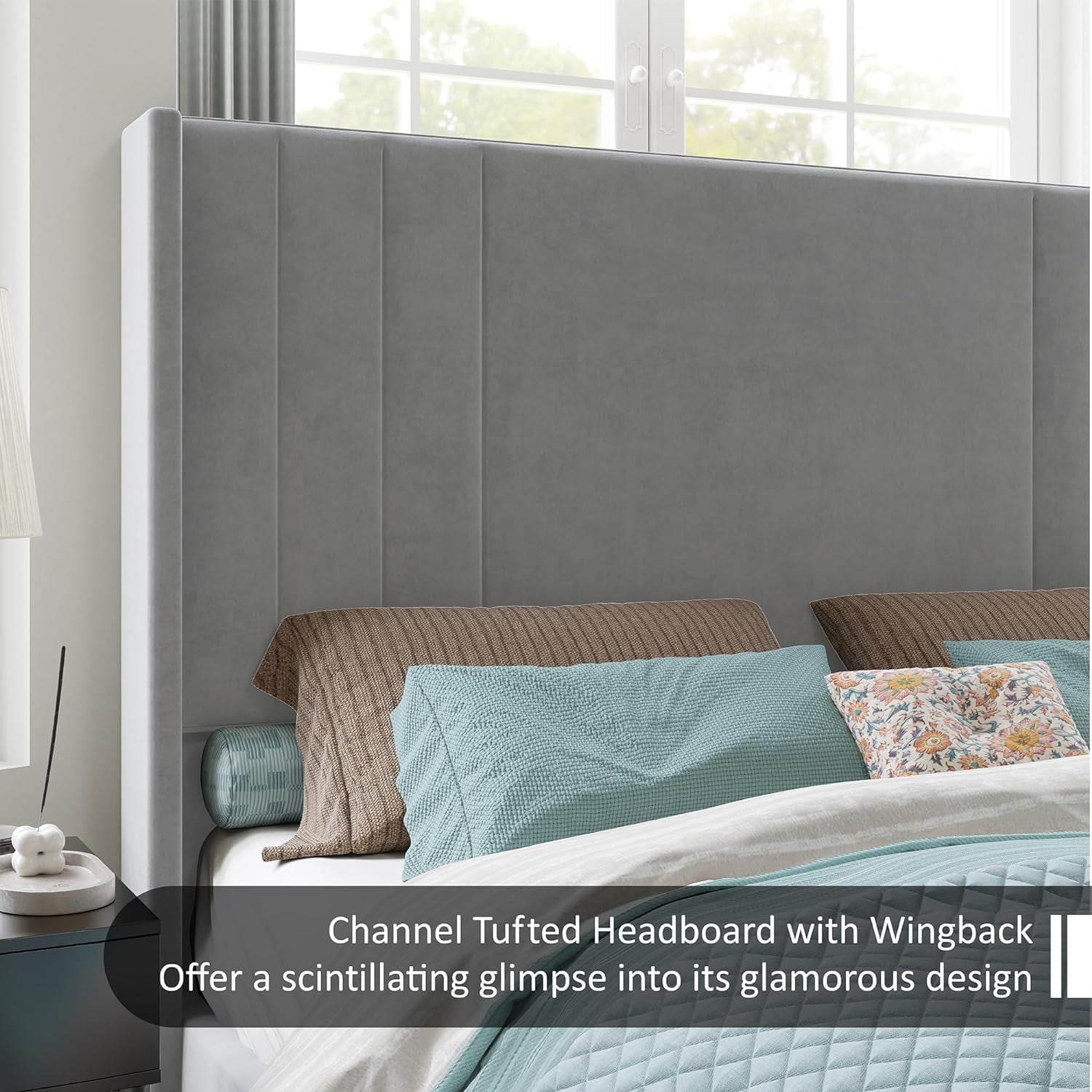 VANACC Velvet Upholstered King Size Bed Frame with Headboard & Footboard/Wingback for Adult Grey