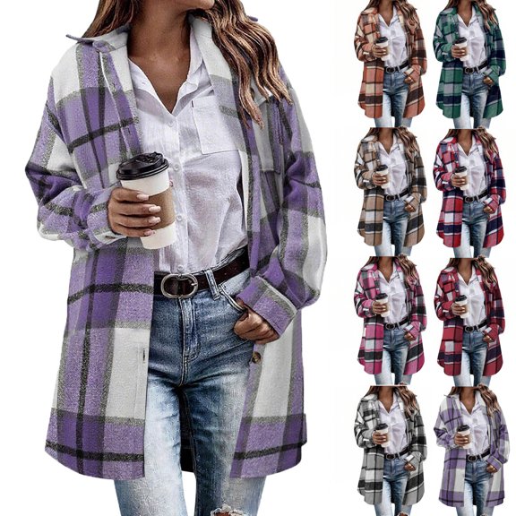 Women's Button Down Plaid Shacket Jackets,Mid-Length Long Sleeve Open Front Casual Coat,Cool Fall and Early Winter Days