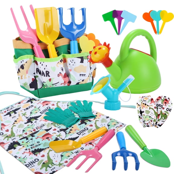 JoyStone 18 PCS Kids Gardening Tool Set with Dinosaur Apron, Watering Can & Sprinkler Head, Tote Bag, Gloves, Shovel & Rake, Outdoor Gift for Boys & Girls Ages 3