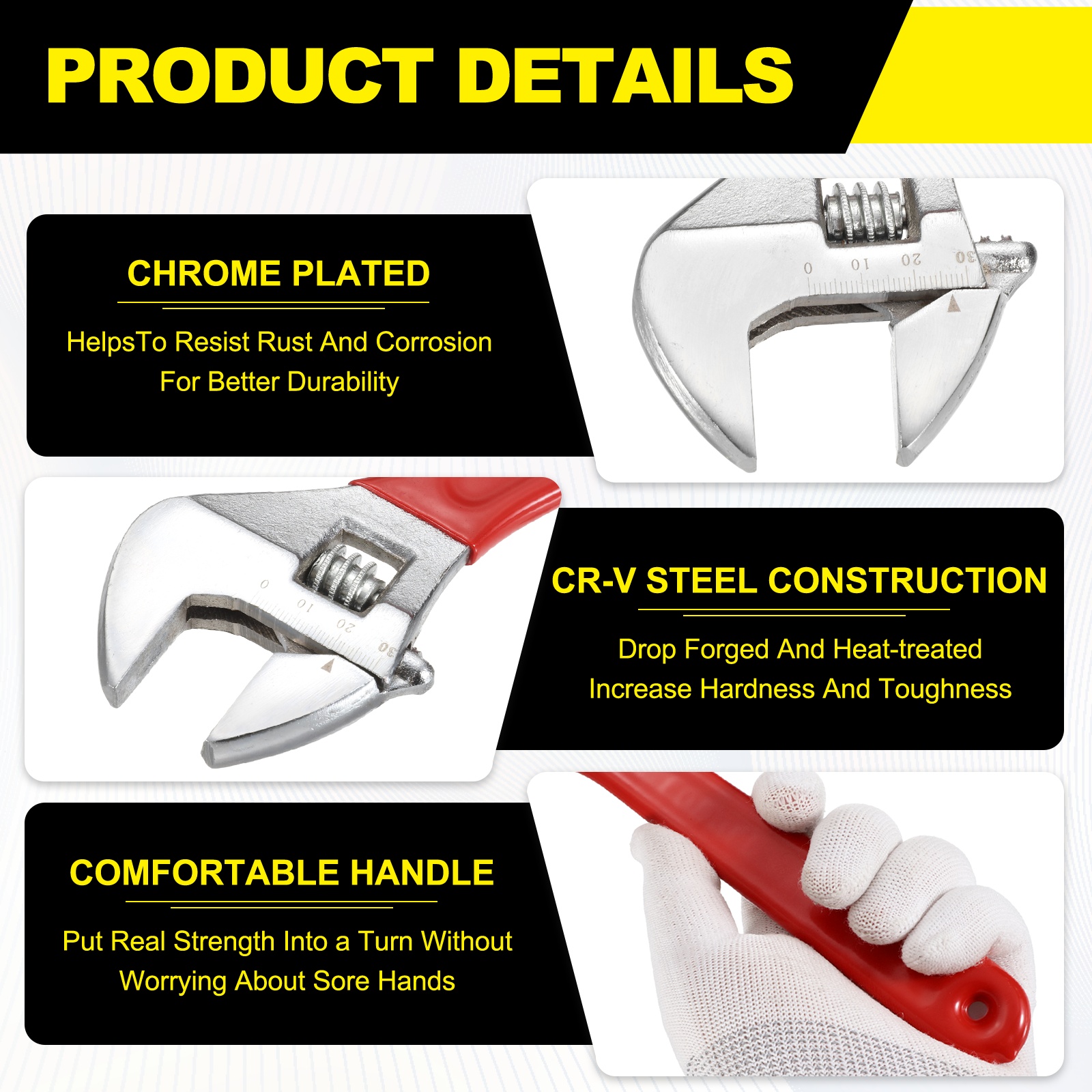 Uxcell 3pcs Adjustable Wrench 6/8/10" High Carbon Steel Industrial Wide Jaw Wrench Adjustable Repairs Spanner Tool with Graduated Scale for Home Garage Workshop Plumbing, Red