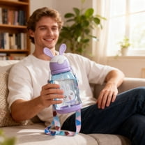 AURIGATE 20.3oz Cute Cartoon Bunny Pattern Plastic Water Bottle with Straw for Kids Teen Girls Travel School Sports Spill Proof Portable Hand Strap Bottle